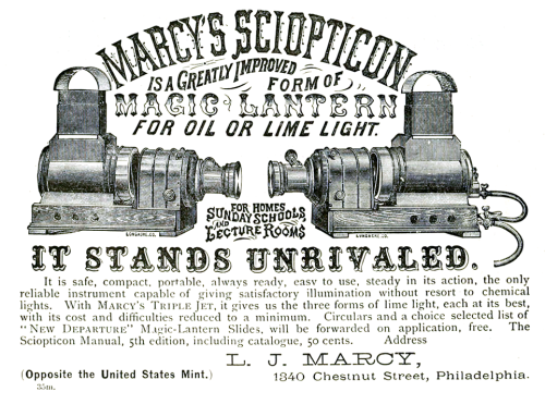 An ad for a Sciopticon showing that it could be used with oil or lime light to illuminate