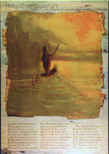 Color ad for Katherine Bowden's Hiawatha, showing him paddling into sunset.
