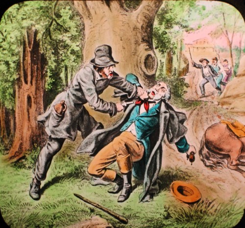 Magic lantern slide of a murder from a temperance story.