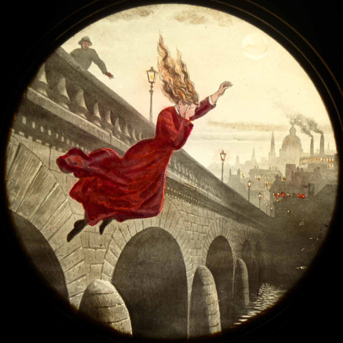 Magic lantern slide of girl in a red dress jumping from bridge 