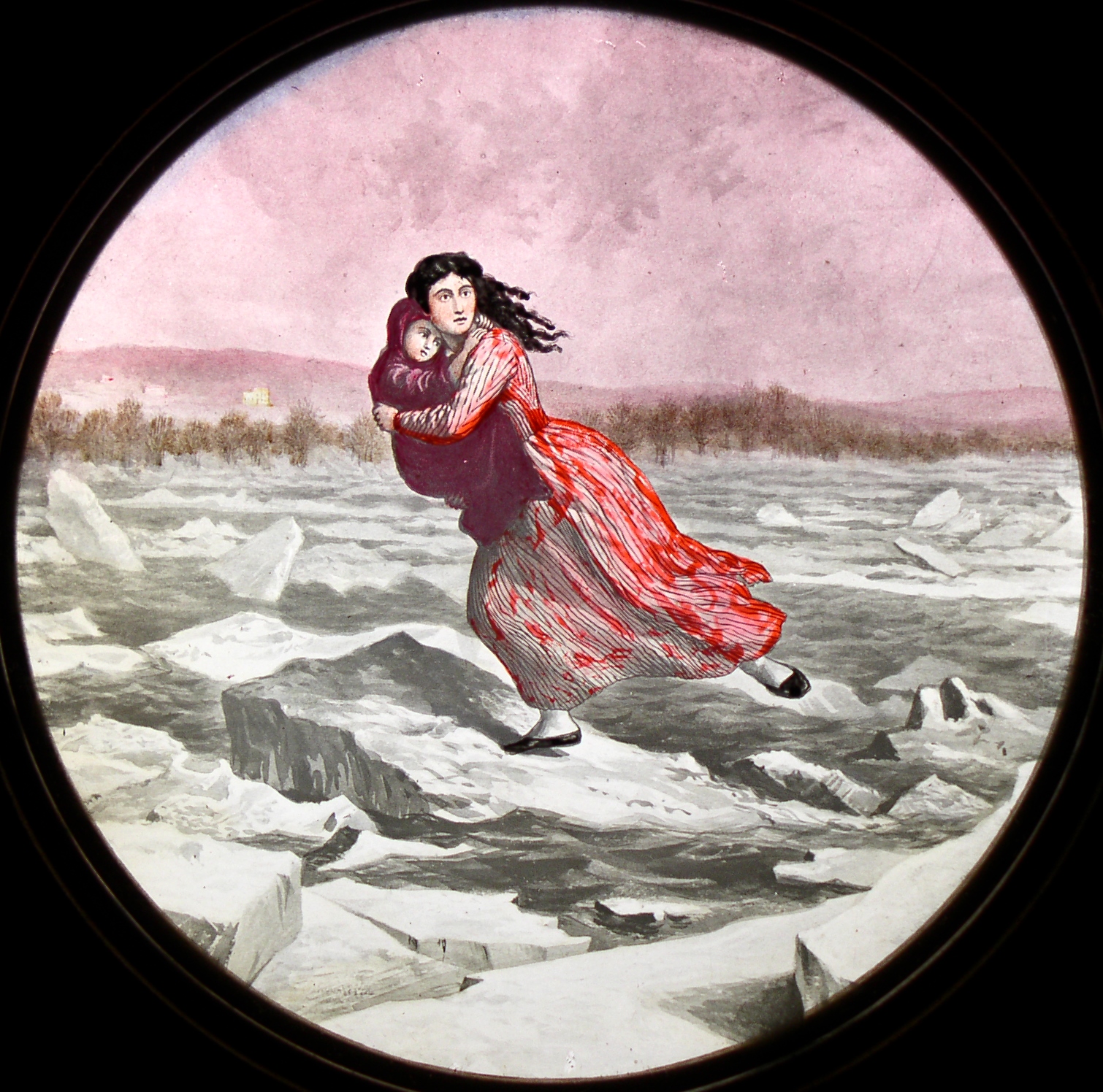 Magic lantern slide of Eva's flight from Uncle Tom's Cabin, by Joseph Boggs Beale.