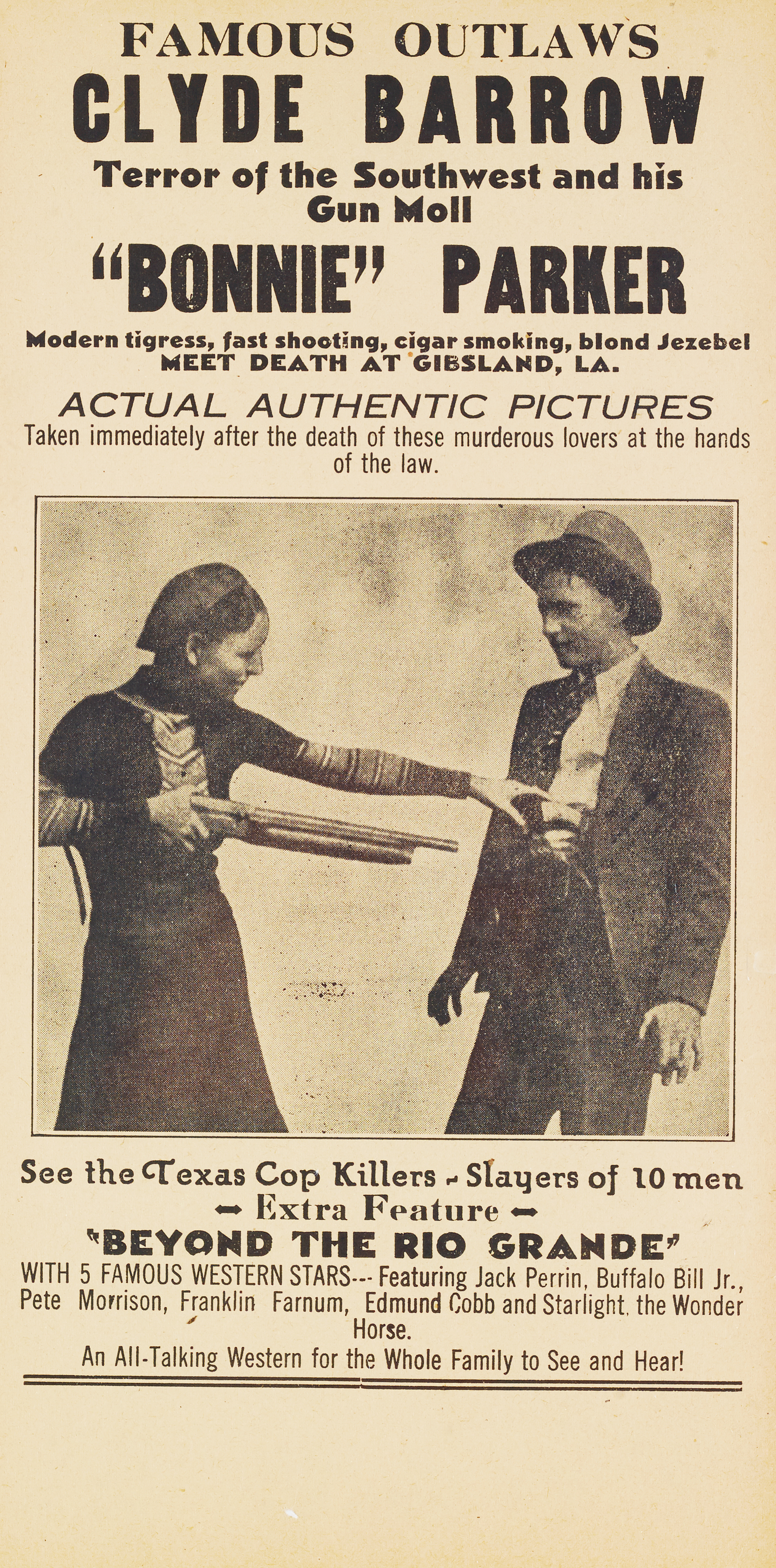 Poster for a Bonnie and Clyde magic lantern show and movie.