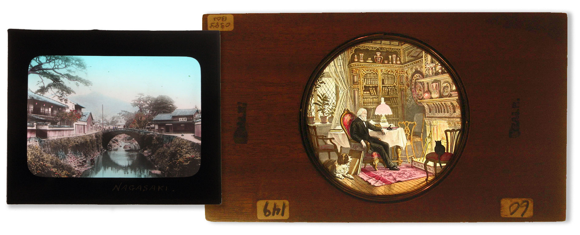 At left, an “Economy” photographic slide. At right, a “wood frame” slide with an image from Beale’s 1894 “Maud Muller.” 