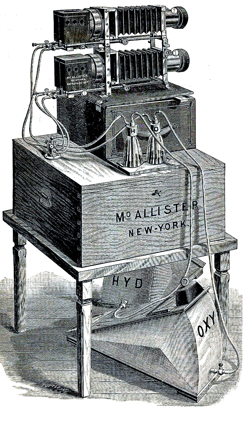Drawing of a biunial stereopticon, using gas held in bags beneath the lantern.