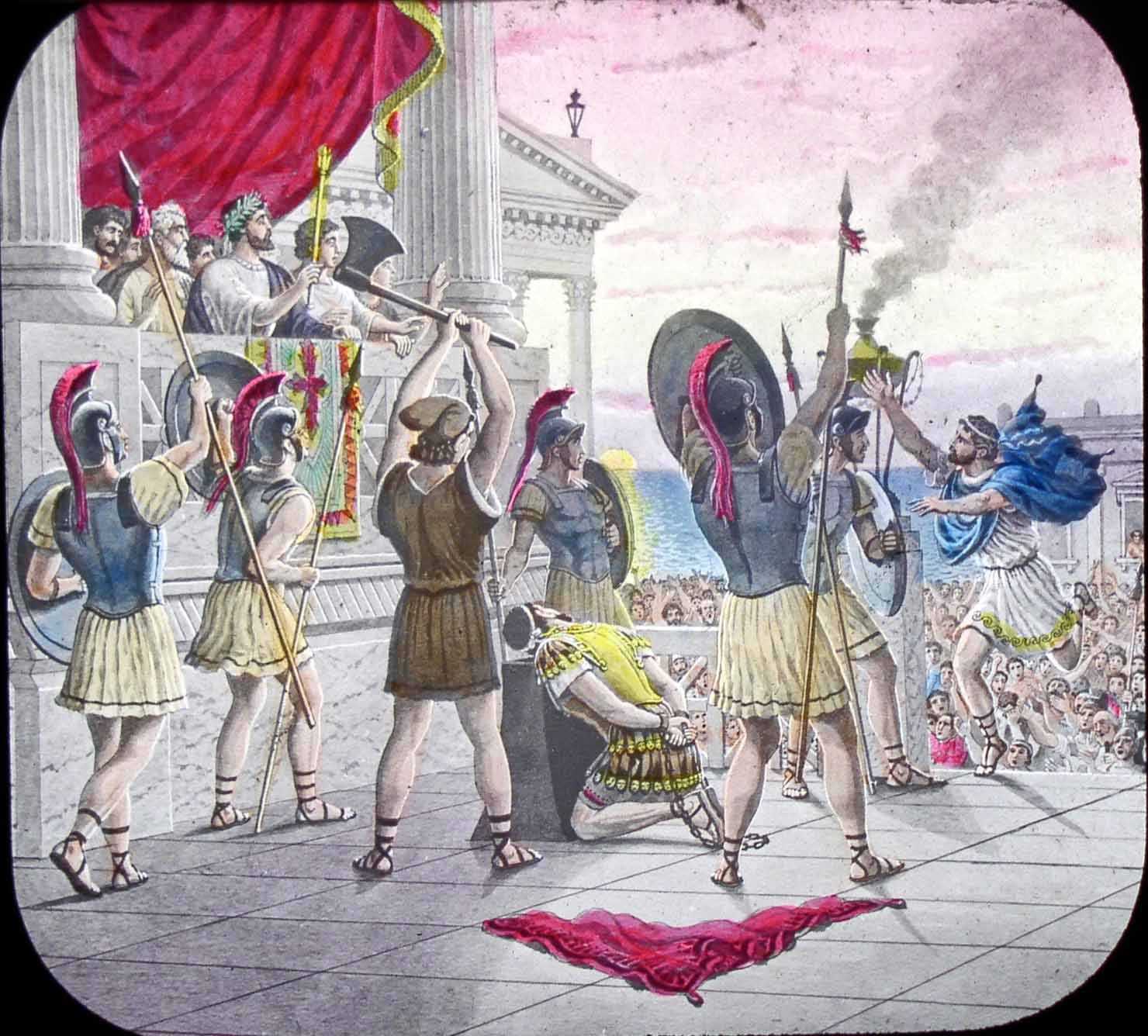 6. Damon and P Magic lantern slide by Joesph Boggs Beale for Knights of Pythias Ritual