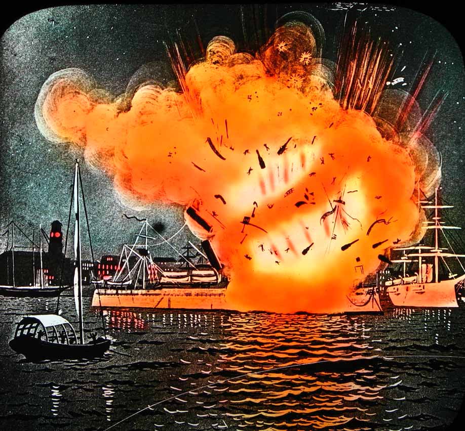 Maine explodes in Spanish American War Magic Lantern Show.