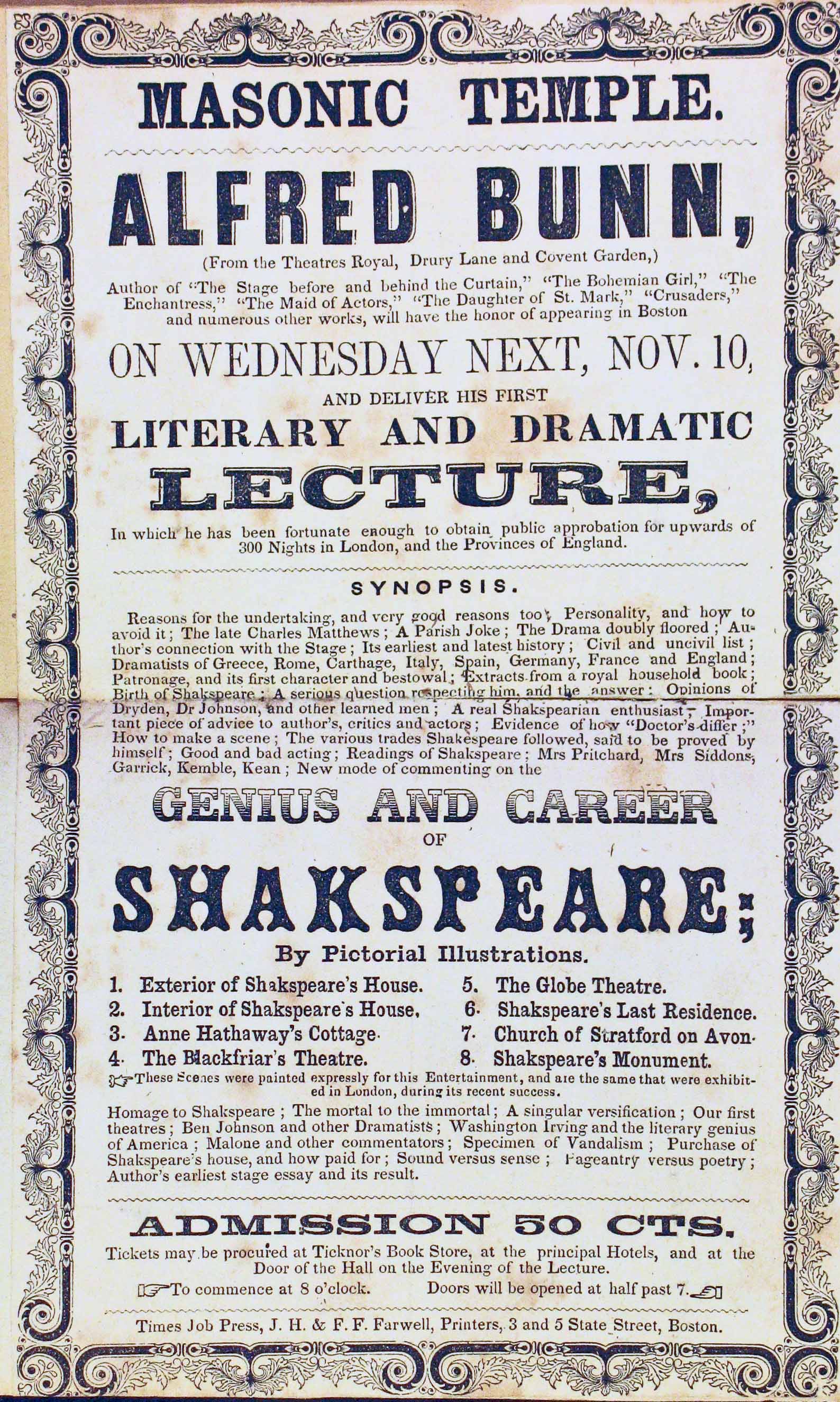 Bunn book Handbill for Illustrated lecture on Shakespeare by Alfred Bunn.